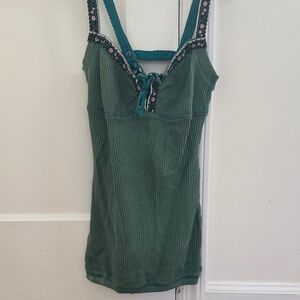 Free People Green Knit Top with White and Pink Floral Design